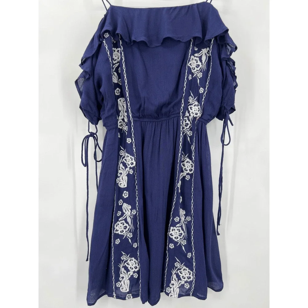 Letarte Maui Hawaii Navy Blue Embroidered Off Shoulder Ruffle Dress Womens‎ XS